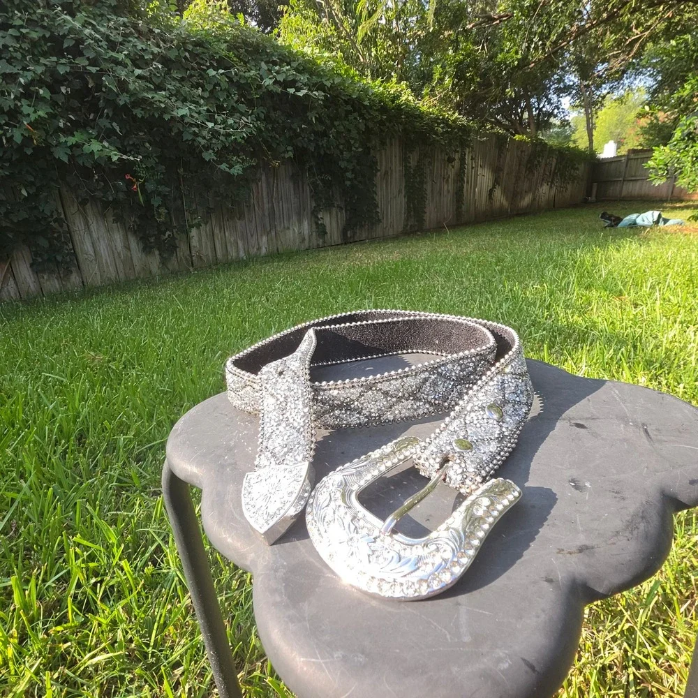 Western Rhinestone Crystal Belt Genuine Leather Silver Buckle Y2K Cowgirl S/M